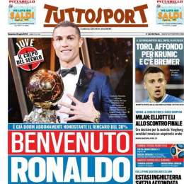 PRIMA PAGINA – Tuttosport accoglie già CR7: “Benvenuto Ronaldo”