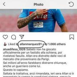 FOTO – “Allan distratto ed in condizioni pietose, delusi dal poco attaccamento”, spunta il like di Allan al post critico dei tifosi