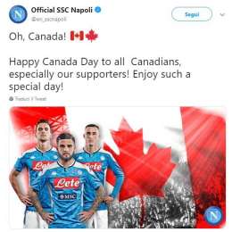 FOTO – Canada Day, festeggia anche il Napoli: “Auguri sopratutto ai nostri tifosi canadesi!”