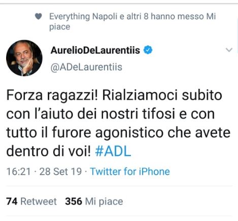 Tweet e scaramanzia, De Laurentiis: “Rialziamoci subito”