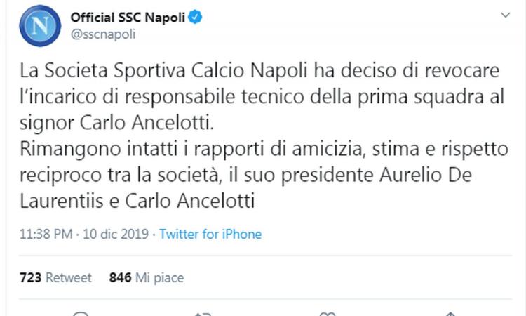 Ufficiale, il Napoli esonera Ancelotti. Arriva il comunicato del club