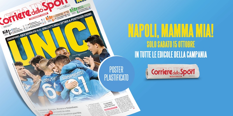 “UNICI”, il poster plastificato del Corriere dello Sport per celebrare il Napoli. Domani in edicola