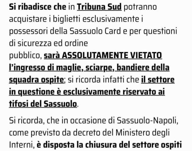 ASSURDO: Il Sassuolo nega l’accesso ai simboli del Napoli:  Esplode la contestazione