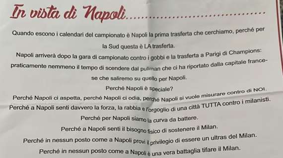 Milan, volantino Curva Sud: “A Napoli ci aspettano e ci odiano, facciamoci trovare pronti!”