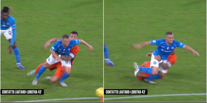 Fallo di Lautaro su Lobotka nell’azione del gol dell’Inter: il Napoli protesta