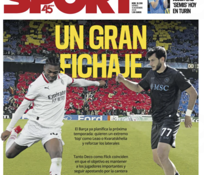 Kvaratskhelia in prima pagina a Barcellona ma Sport scrive: “complicato portarlo qui”. In lista anche Leao