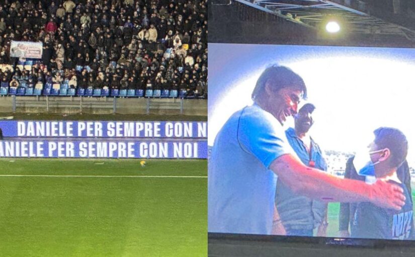 Il Maradona ricorda Daniele, messaggio da brividi sui maxi schermi: Napoli con il lutto al braccio | FOTO