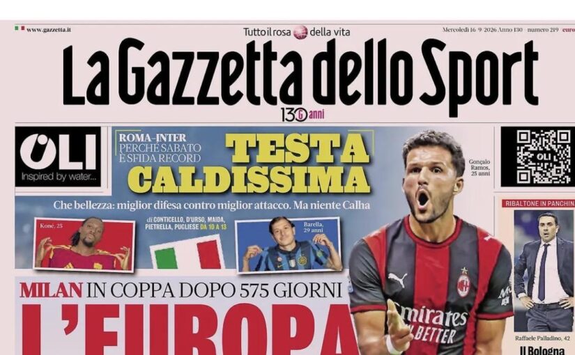 Milan, ritorno in coppa dopo 575 giorni. Gazzetta dello Sport: “L’Europa chiamo”