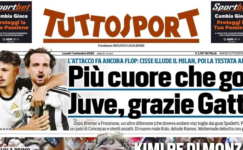 Pareggio a Torino, Tuttosport: “Più cuore che gol. Juve, grazie Gatti”
