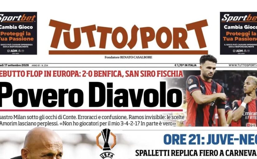 Italiane in Europa, Tuttosport: “Povero Diavolo, disastro Milan sotto gli occhi di Conte”