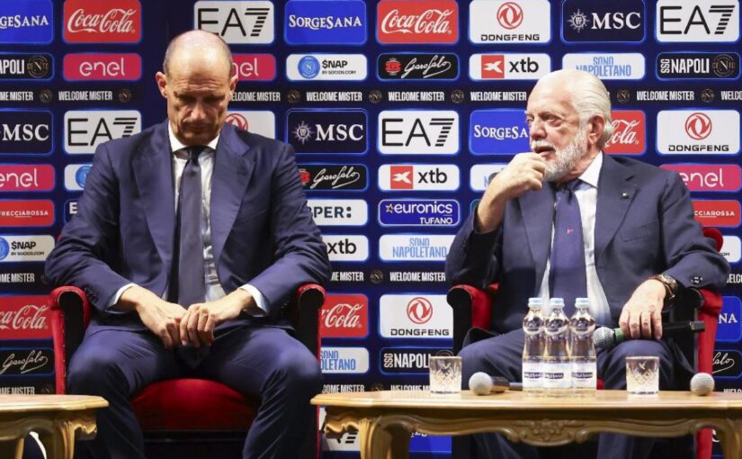 De Laurentiis un’ora a Castel Volturno: il presidente ha incontrato Allegri e Manna prima dell’allenamento
