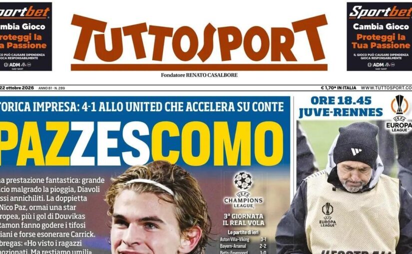 “Pazzescomo! Augusto, gol da 10 e lode”: la prima di Tuttosport