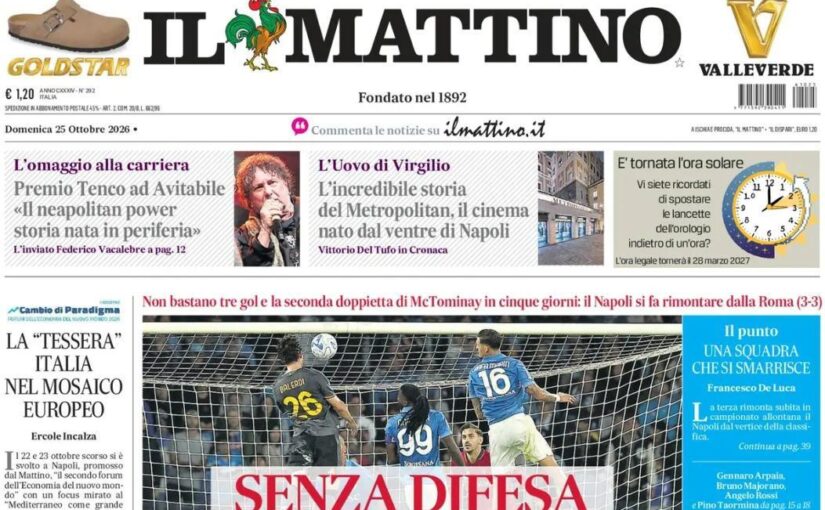 “Senza difesa”, Il Mattino: il Napoli si fa rimontare dalla Roma